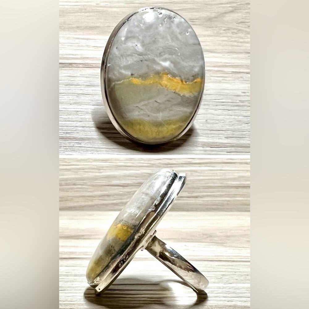Handmade Sterling Silver Gray & Yellow Bumblebee Jasper Cocktail Ring, Size 7
